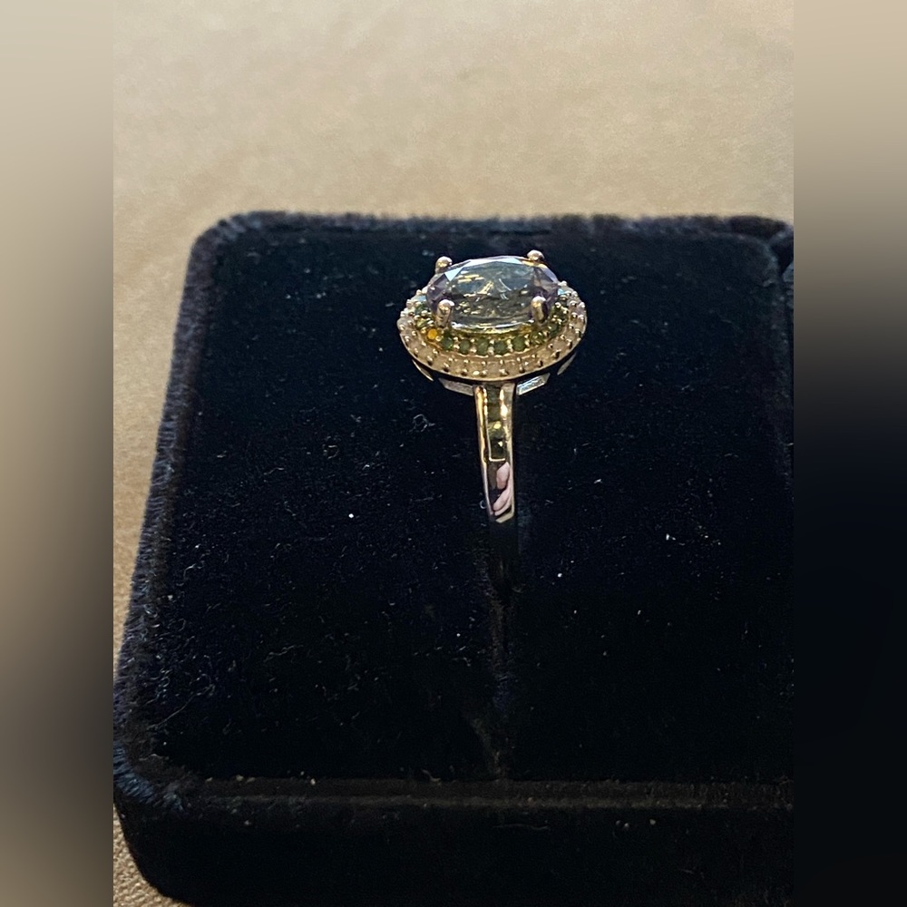 Peacock Tanzanite with Diamond Double Halo Platinum over Sterling Silver Size 8 - Picture 9 of 16